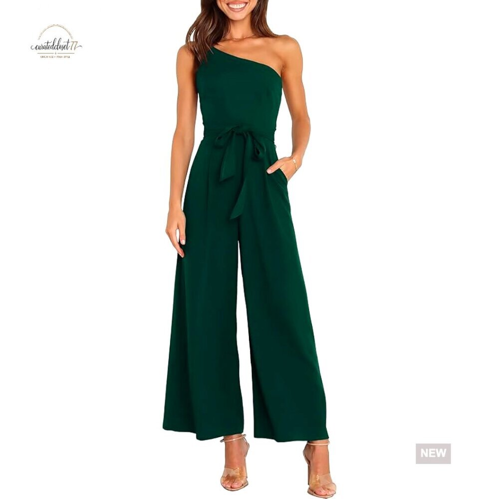 One Shoulder Sleeveless Jumpsuit Wide Leg Romper Hidden Pockets